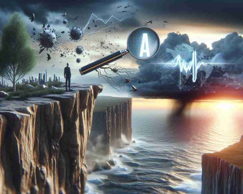 A realistic, high-definition image showing the concept of AI stocks being on the brink, perhaps represented by a literal cliff or precipice. This could include symbolism related to potential dangers and uncertainties, such as jagged rocks or stormy skies. Alongside this, present some sort of visual representation indicating a sense of inquiry or investigation into the situation, like a magnifying glass scrutinizing the precarious position of the stocks or distant storm brewing. The focus is on the mystery and unknown elements affecting these AI stocks, provoking a question: What's really happening?