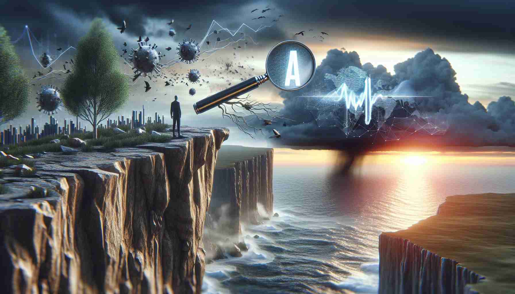 A realistic, high-definition image showing the concept of AI stocks being on the brink, perhaps represented by a literal cliff or precipice. This could include symbolism related to potential dangers and uncertainties, such as jagged rocks or stormy skies. Alongside this, present some sort of visual representation indicating a sense of inquiry or investigation into the situation, like a magnifying glass scrutinizing the precarious position of the stocks or distant storm brewing. The focus is on the mystery and unknown elements affecting these AI stocks, provoking a question: What's really happening?