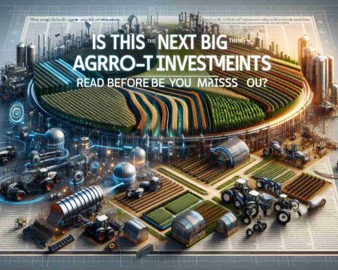 A high-definition, realistic image portraying the concept of the next big thing in Agro-Tech investments. The image may include a futuristic, technologically advanced farm with various smart agricultural machinery and crops growing in a visually appealing way. Words should be embedded in the composition saying 'Is This the Next Big Thing in Agro-Tech Investments? Read Before You Miss Out'. The text should be laid out in an eye-catching design.