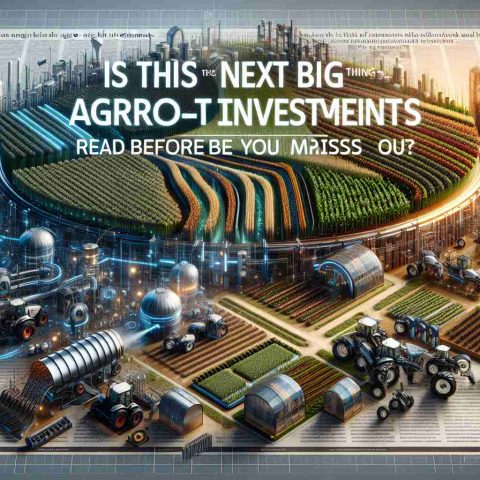 A high-definition, realistic image portraying the concept of the next big thing in Agro-Tech investments. The image may include a futuristic, technologically advanced farm with various smart agricultural machinery and crops growing in a visually appealing way. Words should be embedded in the composition saying 'Is This the Next Big Thing in Agro-Tech Investments? Read Before You Miss Out'. The text should be laid out in an eye-catching design.