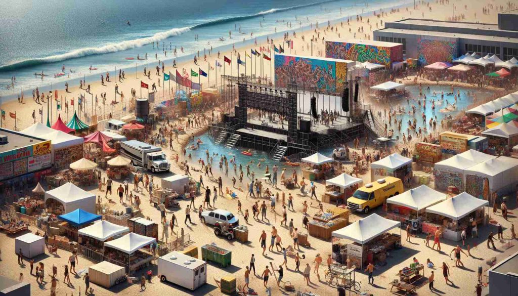 Generate a high-definition, realistic image of Venice Beach being transformed for International events. Picture a lively scene where construction crews are busy setting up large stages, kiosks, and food stalls along the beach. People of all races and genders are seen in the backdrop participating in the preparations including random beach-goers and swimmers. Vendors are displaying their wares, while decorators are draping banners and flags of different countries around. The ocean, with its shimmering blue water, acts as a beautiful contrast to the hustle and bustle on the shore. The famous Venice Beach graffiti walls can still be seen in the distance.