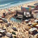 Generate a high-definition, realistic image of Venice Beach being transformed for International events. Picture a lively scene where construction crews are busy setting up large stages, kiosks, and food stalls along the beach. People of all races and genders are seen in the backdrop participating in the preparations including random beach-goers and swimmers. Vendors are displaying their wares, while decorators are draping banners and flags of different countries around. The ocean, with its shimmering blue water, acts as a beautiful contrast to the hustle and bustle on the shore. The famous Venice Beach graffiti walls can still be seen in the distance.