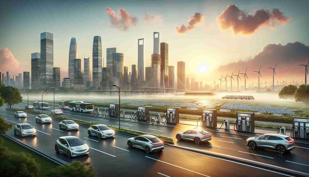 Create a high-definition, realistic image representing the rise of electric mobility and a new era dawning. The scene should depict a cityscape at dawn, with the sun peaking over the skyline. There should be various electric vehicles of modern design, such as cars, bikes and buses, moving along the city streets. Charging stations should also be visible in suitable locations, with cables connecting vehicles for charging. Skyscrapers with solar panel modules on their roofs and wind turbines in the distance should further emphasize the green energy aspect. The sky should be streaked with the early morning colors of soft pink and gold.