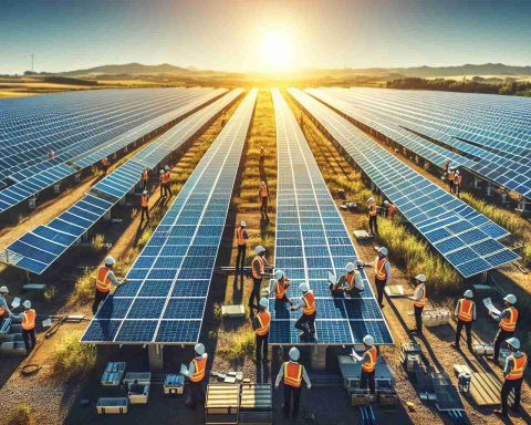 Generate an image that depicts a solar power venture by an unidentified major energy company. The image should show a large, modern solar farm with an array of solar panels spread across a rural landscape, bathed in the sunlight of a clear day. In the foreground, you should see engineers of varying genders and descents working on the installation and maintenance of the solar panels. They should be wearing appropriate safety gear, such as hard hats and reflective jackets. The image should be in high definition and have a realistic aesthetic.