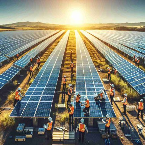 Generate an image that depicts a solar power venture by an unidentified major energy company. The image should show a large, modern solar farm with an array of solar panels spread across a rural landscape, bathed in the sunlight of a clear day. In the foreground, you should see engineers of varying genders and descents working on the installation and maintenance of the solar panels. They should be wearing appropriate safety gear, such as hard hats and reflective jackets. The image should be in high definition and have a realistic aesthetic.