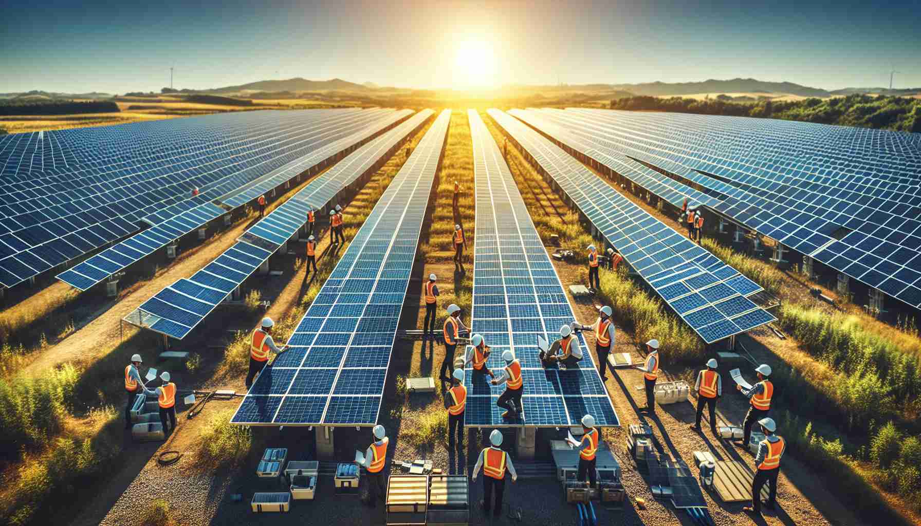 Generate an image that depicts a solar power venture by an unidentified major energy company. The image should show a large, modern solar farm with an array of solar panels spread across a rural landscape, bathed in the sunlight of a clear day. In the foreground, you should see engineers of varying genders and descents working on the installation and maintenance of the solar panels. They should be wearing appropriate safety gear, such as hard hats and reflective jackets. The image should be in high definition and have a realistic aesthetic.