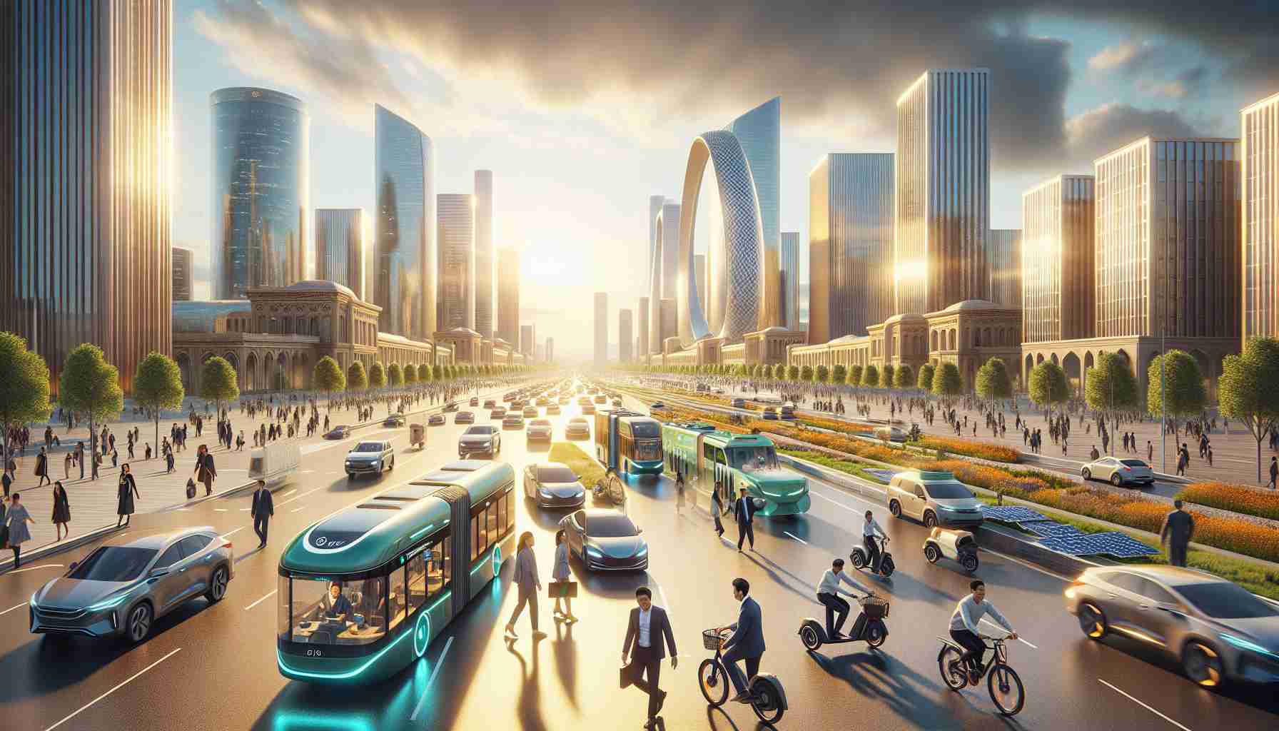 A hyper-realistic, high-definition image showcasing a future vision of sustainable transportation in Uzbekistan. The scene is bustling with life, showing a cityscape where modern, eco-friendly vehicles with sleek designs move along well-maintained roads. Solar-powered buses, electric bikes and cars, and pedestrian-friendly spaces define the landscape. Entrepreneurial South Asian men and women are seen driving, walking, and engaging with the advanced technological infrastructure. The sky is blue with a golden hue of the setting sun, signifying a hopeful future.