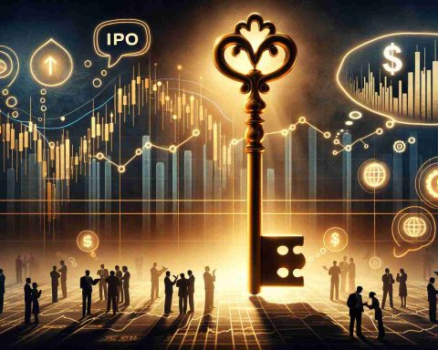 A stunning, visually gripping representation of an 'Unlock the Mystery' concept, with a focus on financial investment. The scene includes an old-fashioned golden key placed on a graph showcasing ups and downs (as a symbol for IPO price). Subtly incorporated are symbols that signify 'an IPO causing buzz among investors', such as small silhouettes of people engaging in discussion or thought bubbles with dollar signs. Remember, the depiction should imply complexity and intrigue, representative of the challenge in predicting and understanding the stock market dynamics.