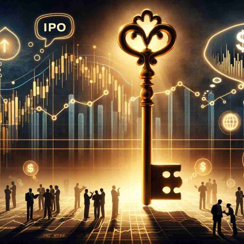 A stunning, visually gripping representation of an 'Unlock the Mystery' concept, with a focus on financial investment. The scene includes an old-fashioned golden key placed on a graph showcasing ups and downs (as a symbol for IPO price). Subtly incorporated are symbols that signify 'an IPO causing buzz among investors', such as small silhouettes of people engaging in discussion or thought bubbles with dollar signs. Remember, the depiction should imply complexity and intrigue, representative of the challenge in predicting and understanding the stock market dynamics.