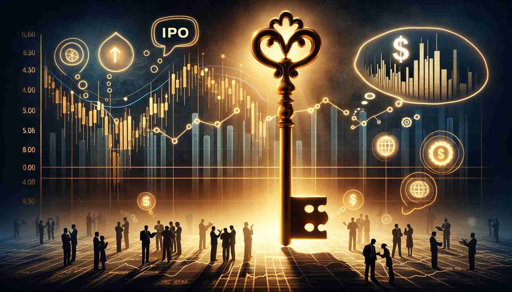 A stunning, visually gripping representation of an 'Unlock the Mystery' concept, with a focus on financial investment. The scene includes an old-fashioned golden key placed on a graph showcasing ups and downs (as a symbol for IPO price). Subtly incorporated are symbols that signify 'an IPO causing buzz among investors', such as small silhouettes of people engaging in discussion or thought bubbles with dollar signs. Remember, the depiction should imply complexity and intrigue, representative of the challenge in predicting and understanding the stock market dynamics.