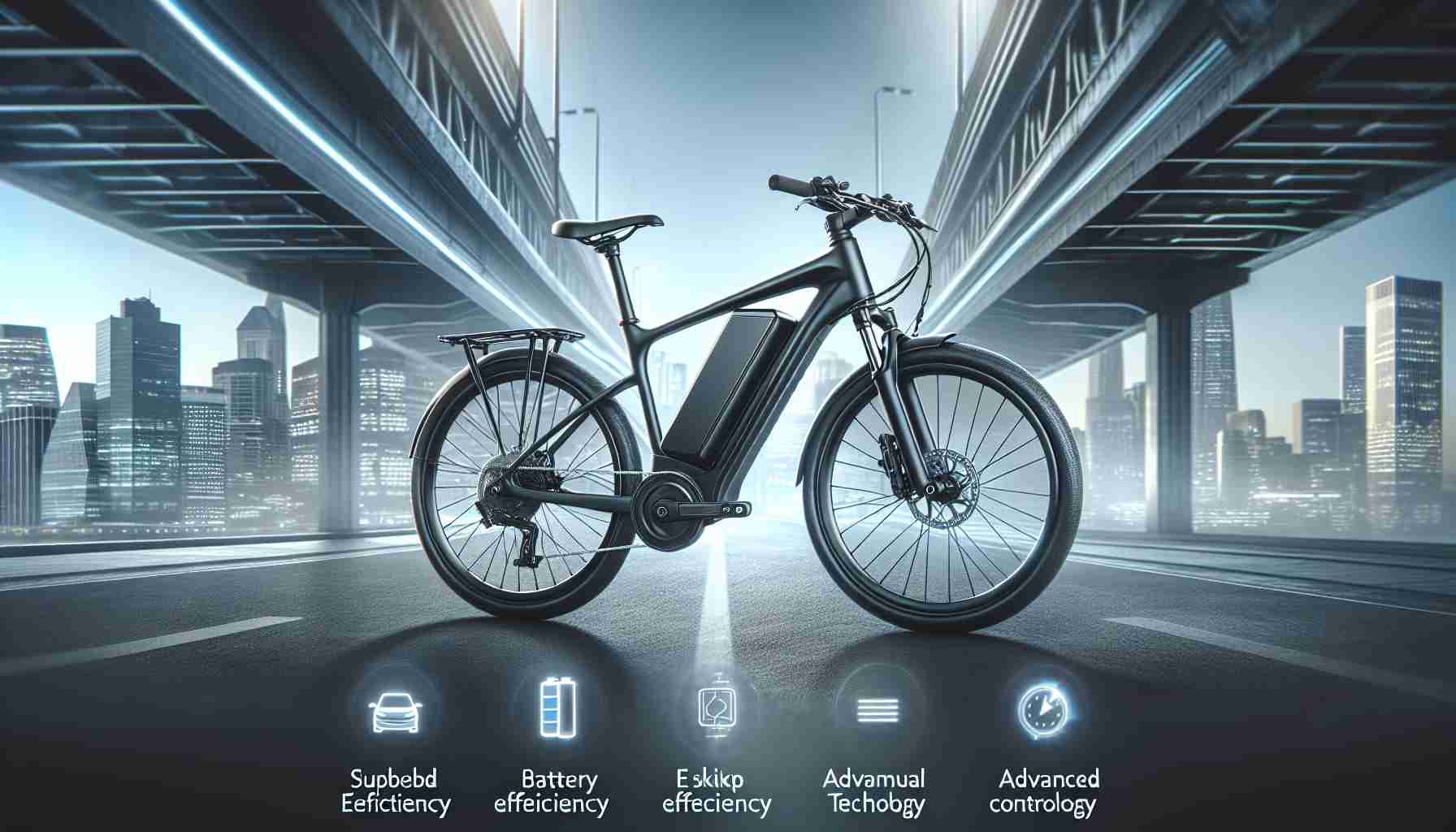 Generate a realistic, high-definition image exploring the innovative features of an advanced professional grade electric bike, namely superb battery efficiency, ergonomic and sleek design, and advanced controller technology. The e-bike should preferably have matte black finishing and should also include prominent LED headlamp, disc brakes and a digital display. The image should be set in an urban context, indicating its utility for city commuting.