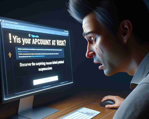 A realistic high-definition image displaying a worried computer user looking at a screen. The screen displays a message saying 'Is Your TipRanks Account at Risk? Discover the Surprising Reason Behind Potential Suspensions'. The person has an expression of surprise and concern.