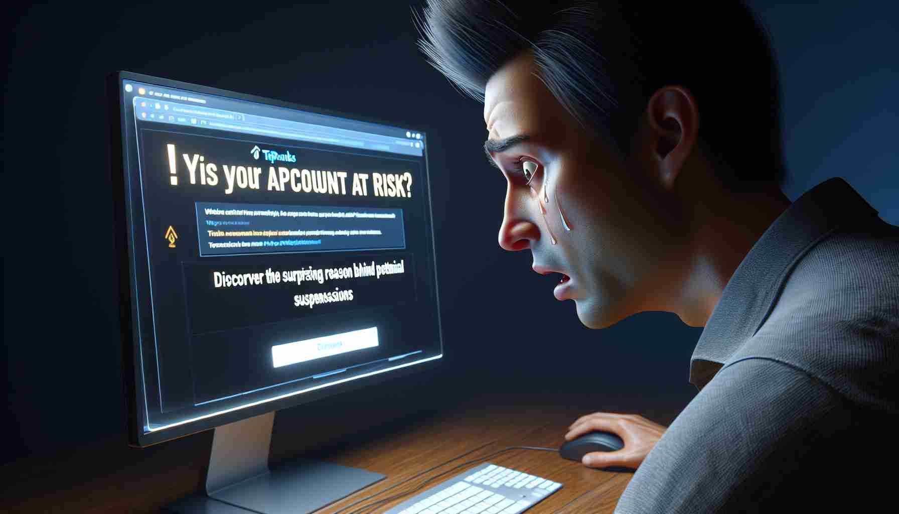 A realistic high-definition image displaying a worried computer user looking at a screen. The screen displays a message saying 'Is Your TipRanks Account at Risk? Discover the Surprising Reason Behind Potential Suspensions'. The person has an expression of surprise and concern.