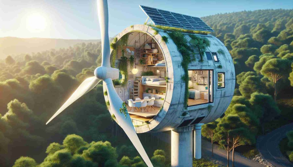 Create a high-definition, realistic image depicting a discarded wind turbine being repurposed and transformed into an innovative, eco-friendly tiny home. Display the turbine in a lush, natural context to highlight the concept of sustainable living. Show details inside, such as a compact living area with innovative space-saving furniture. Also, include renewable energy resources like solar panels on the exterior. The image should reflect a creative, futuristic vision of tiny homes.