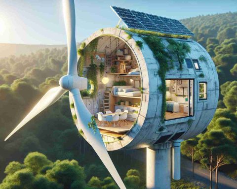 Create a high-definition, realistic image depicting a discarded wind turbine being repurposed and transformed into an innovative, eco-friendly tiny home. Display the turbine in a lush, natural context to highlight the concept of sustainable living. Show details inside, such as a compact living area with innovative space-saving furniture. Also, include renewable energy resources like solar panels on the exterior. The image should reflect a creative, futuristic vision of tiny homes.