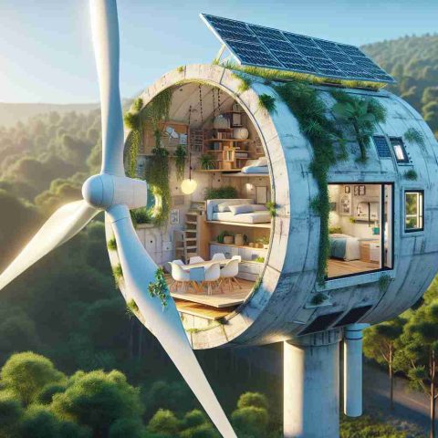 Create a high-definition, realistic image depicting a discarded wind turbine being repurposed and transformed into an innovative, eco-friendly tiny home. Display the turbine in a lush, natural context to highlight the concept of sustainable living. Show details inside, such as a compact living area with innovative space-saving furniture. Also, include renewable energy resources like solar panels on the exterior. The image should reflect a creative, futuristic vision of tiny homes.