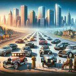 Create a high-definition image illustrating the changing landscape of the automotive industry. The scene should capture both the past with classic gasoline vehicles and the present with the increasing number of electric cars. These cars can be presented in a showroom setting or on roadways. The background should portray expansive metropolitan cities to small towns showing the contrast. A gradual transition from old to new. Include a diverse range of individuals such as a Caucasian woman examining an electric car and a Middle-Eastern man looking at a vintage car to signify the broad interest in the automotive world.