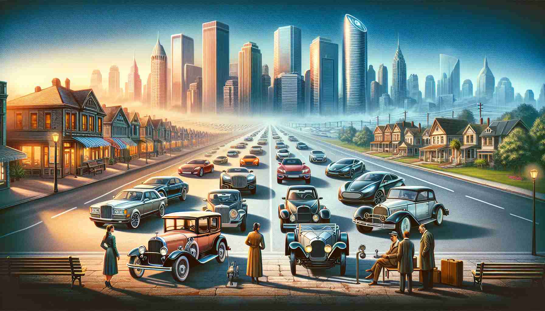 Create a high-definition image illustrating the changing landscape of the automotive industry. The scene should capture both the past with classic gasoline vehicles and the present with the increasing number of electric cars. These cars can be presented in a showroom setting or on roadways. The background should portray expansive metropolitan cities to small towns showing the contrast. A gradual transition from old to new. Include a diverse range of individuals such as a Caucasian woman examining an electric car and a Middle-Eastern man looking at a vintage car to signify the broad interest in the automotive world.