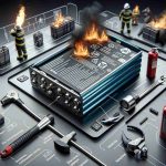 Create a highly detailed, realistic image that showcases safety measures to prevent fires caused by lithium-ion batteries. The scene should include a close-up of the battery with clear labels and safety instructions. Illustrate the use of insulated tools, the importance of keeping the battery at a safe temperature and highlighting isolation areas. Supplement the scene with images of fire extinguishers and safety equipment at hand. Add informational pointers throughout the image, providing solutions to potential hazards that may occur when handling such batteries.