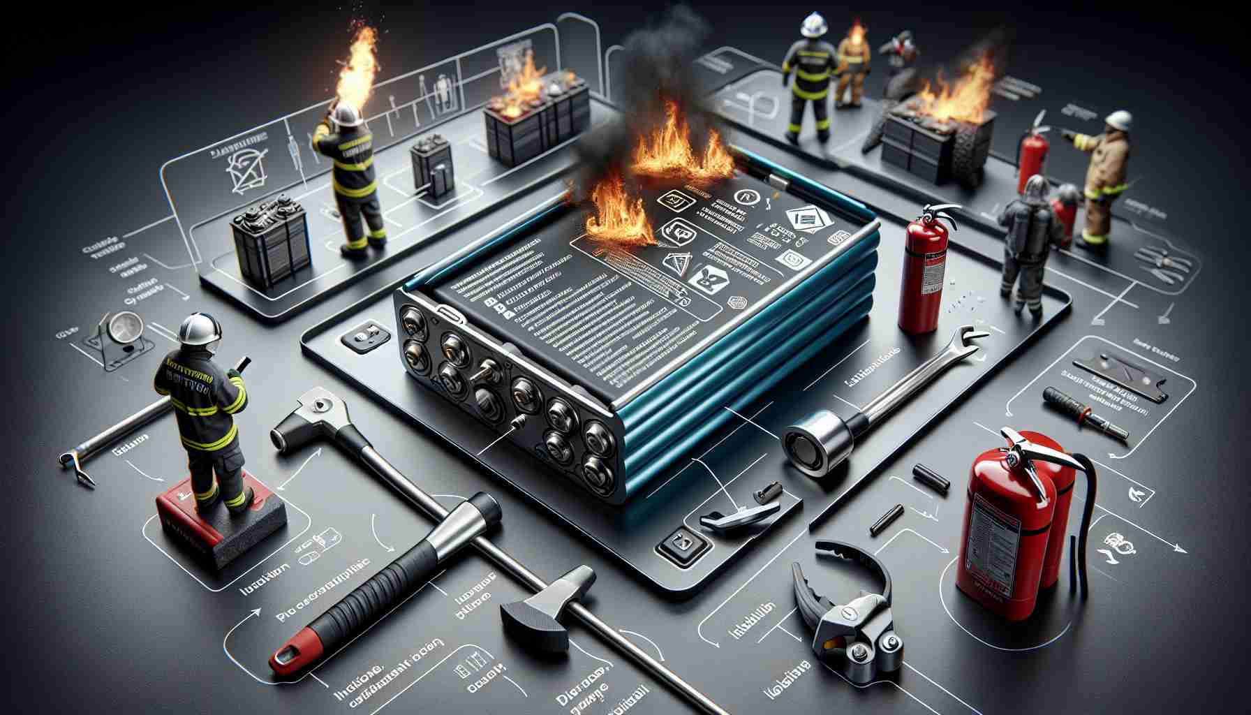 Create a highly detailed, realistic image that showcases safety measures to prevent fires caused by lithium-ion batteries. The scene should include a close-up of the battery with clear labels and safety instructions. Illustrate the use of insulated tools, the importance of keeping the battery at a safe temperature and highlighting isolation areas. Supplement the scene with images of fire extinguishers and safety equipment at hand. Add informational pointers throughout the image, providing solutions to potential hazards that may occur when handling such batteries.