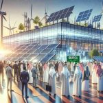 A high-definition, realistic depiction of the launch event of a new energy storage venture in Saudi Arabia. The scene includes a large, contemporary building with solar panels and wind turbines in the background representing clean, renewable energy. Diverse people of different nationalities, including Saudis, are present, reflecting the international aspect of the initiative. Bright, optimistic colours representing a hopeful future for sustainable energy should permeate the image.