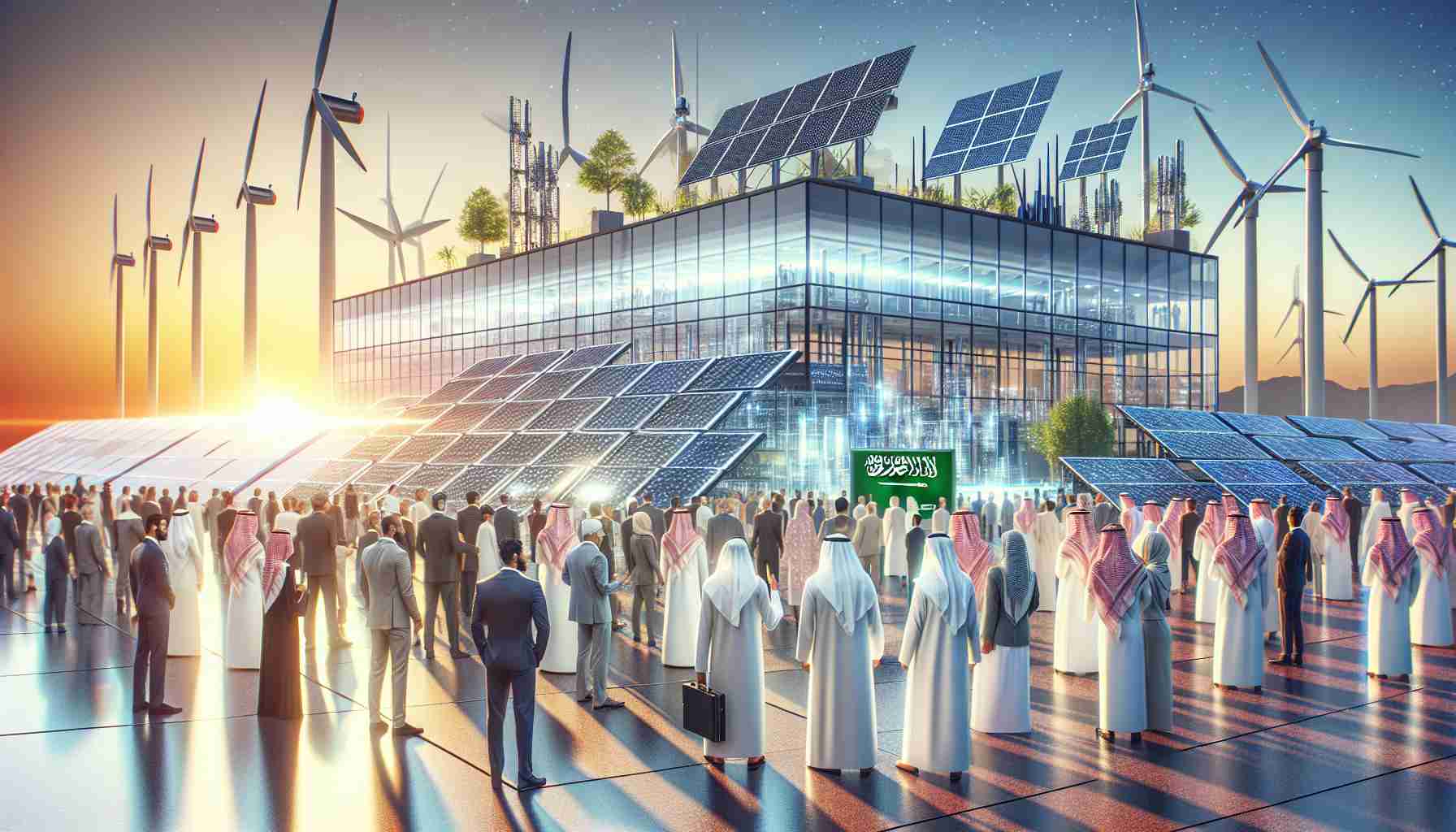 A high-definition, realistic depiction of the launch event of a new energy storage venture in Saudi Arabia. The scene includes a large, contemporary building with solar panels and wind turbines in the background representing clean, renewable energy. Diverse people of different nationalities, including Saudis, are present, reflecting the international aspect of the initiative. Bright, optimistic colours representing a hopeful future for sustainable energy should permeate the image.