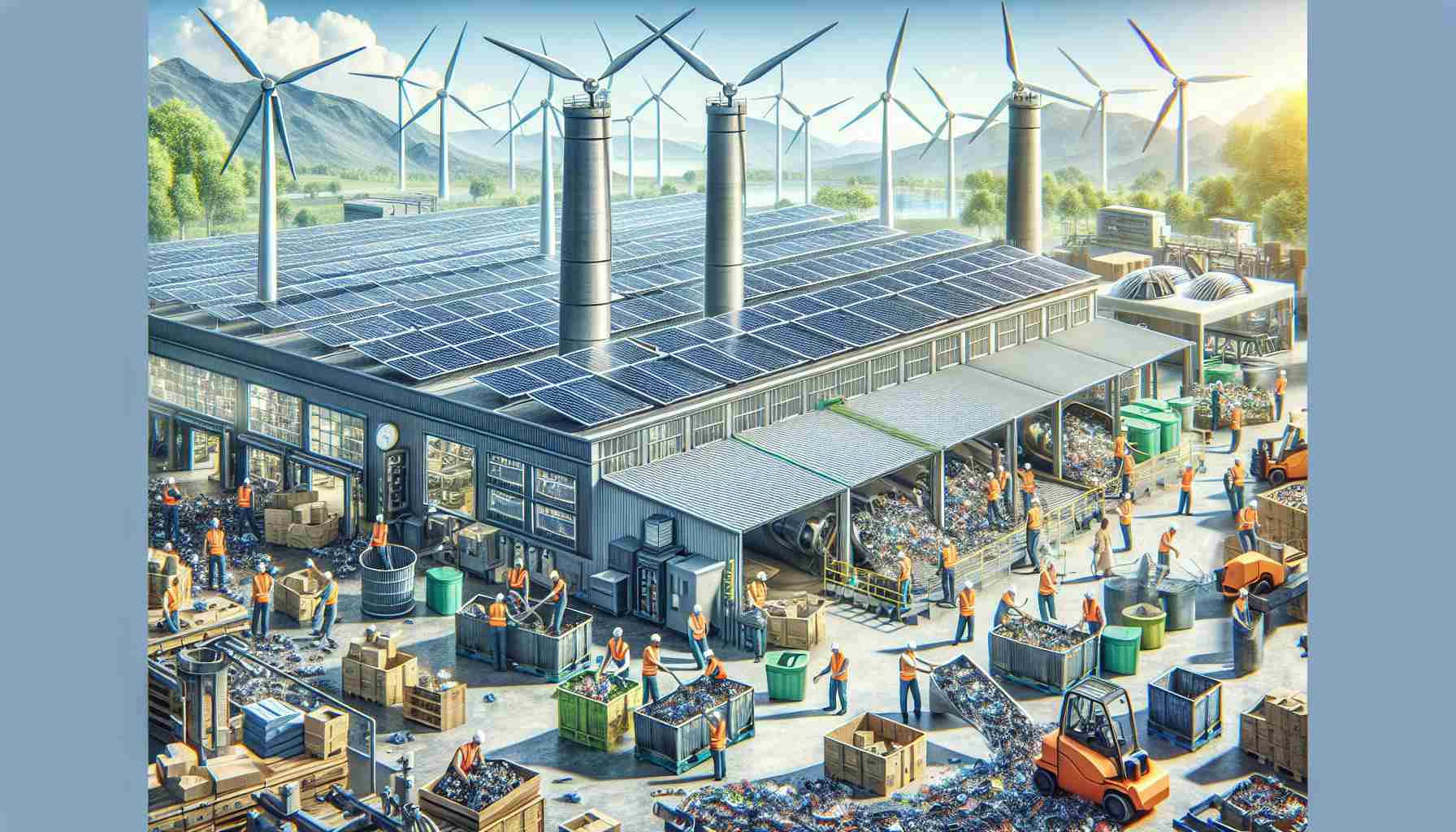 An in-depth and detailed high-definition image showcasing a scene of revolutionizing sustainability in industrial production. The scene portrays a large factory with solar panels on the roof, wind turbines in the background, employees sorting waste for recycling, and machines operating with high efficiency. The workers in the scene are represented by both genders and a mix of descents such as Caucasian, Hispanic, Black, Middle-Eastern, and South Asian, all working cohesively towards a sustainable future.