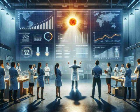 Create a realistic high-definition image depicting a scientist in California presenting a groundbreaking solar energy innovation. The scene unfolds in a modern laboratory, with the light from the innovation reflecting in the awestruck faces of a diverse group of onlookers - a female Hispanic technician, a Middle-Eastern male manager, and a Caucasian female researcher. Charts and data visualizations on the wall display impressive metrics and gains in power efficiency, signifying a major leap forward in sustainable energy.