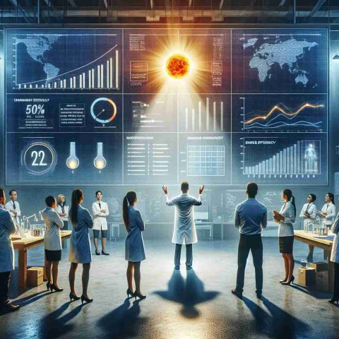 Create a realistic high-definition image depicting a scientist in California presenting a groundbreaking solar energy innovation. The scene unfolds in a modern laboratory, with the light from the innovation reflecting in the awestruck faces of a diverse group of onlookers - a female Hispanic technician, a Middle-Eastern male manager, and a Caucasian female researcher. Charts and data visualizations on the wall display impressive metrics and gains in power efficiency, signifying a major leap forward in sustainable energy.