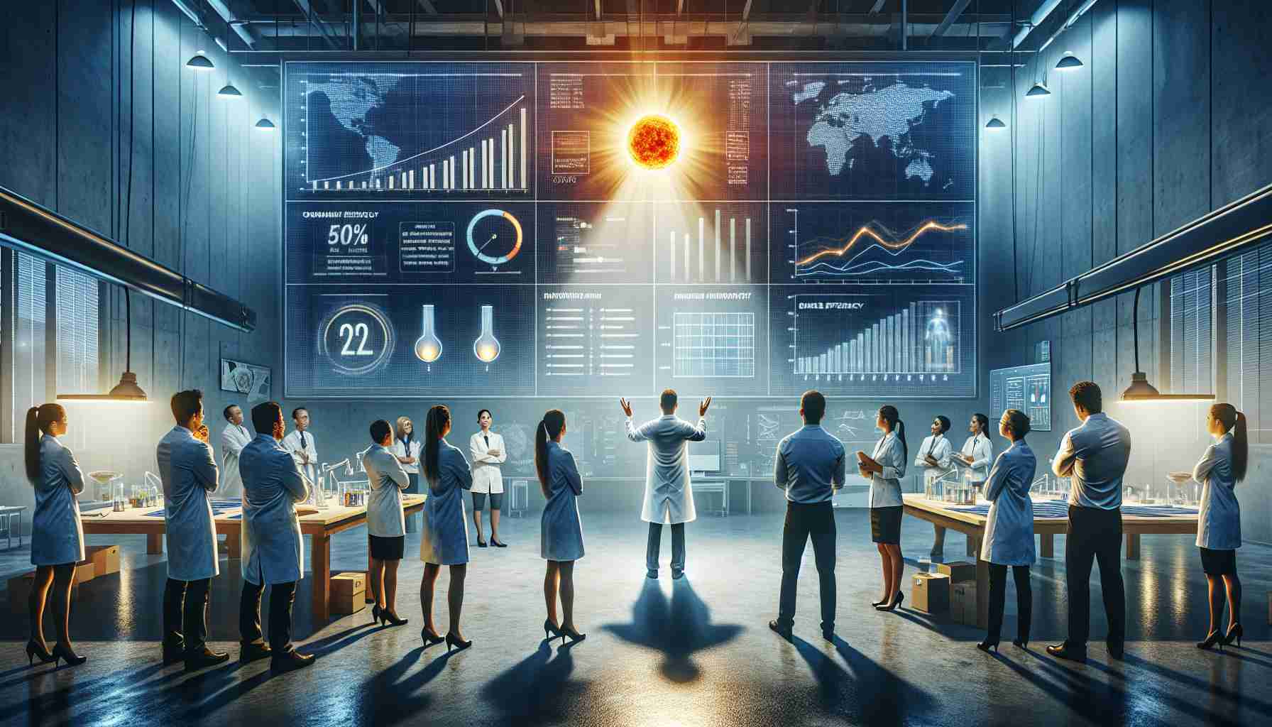 Create a realistic high-definition image depicting a scientist in California presenting a groundbreaking solar energy innovation. The scene unfolds in a modern laboratory, with the light from the innovation reflecting in the awestruck faces of a diverse group of onlookers - a female Hispanic technician, a Middle-Eastern male manager, and a Caucasian female researcher. Charts and data visualizations on the wall display impressive metrics and gains in power efficiency, signifying a major leap forward in sustainable energy.