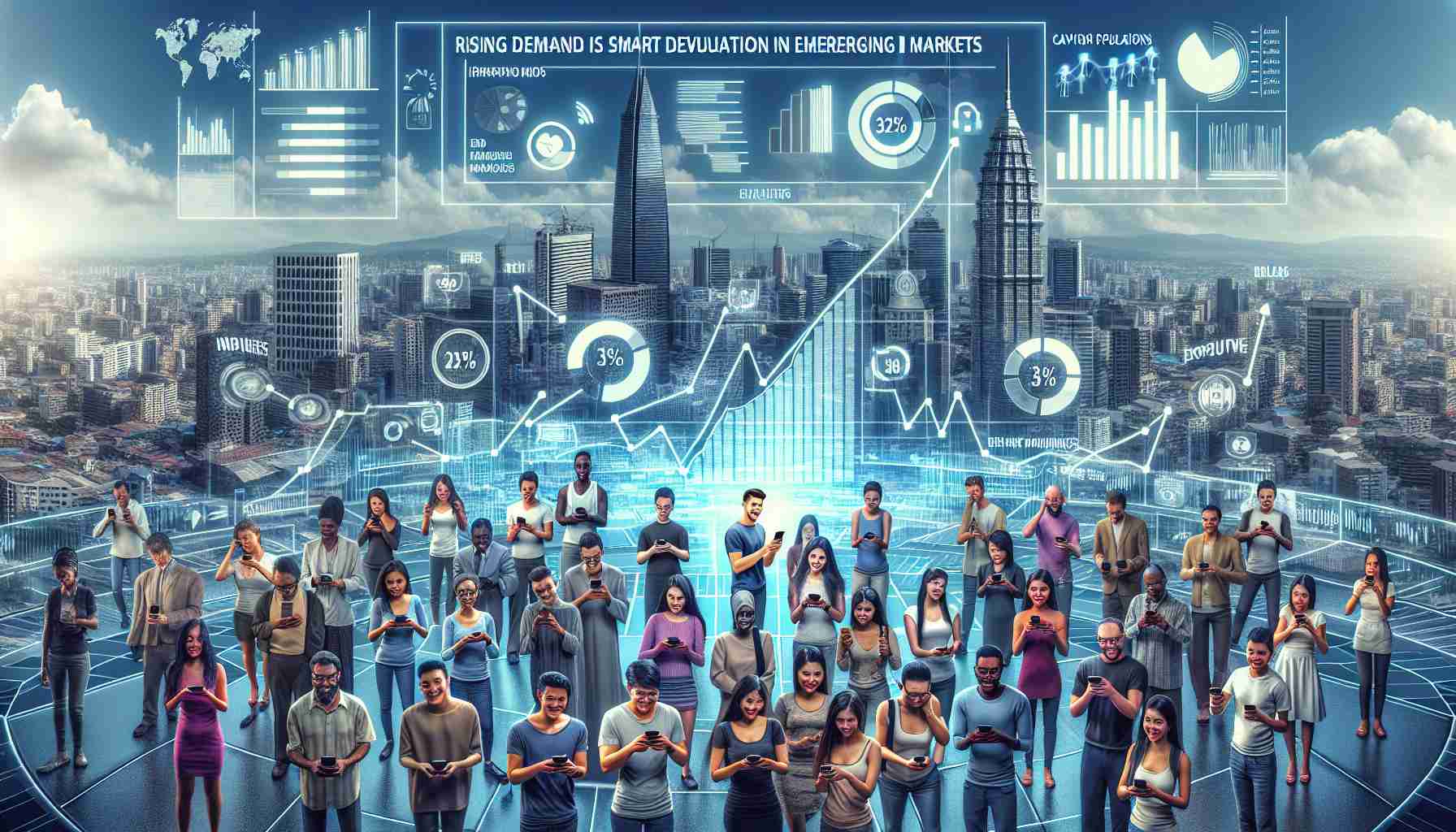 Create a realistic HD visual representation of the rising demand for smart devices such as smartphones, tablets, and wearable gadgets in emerging markets. The scene should firmly illustrate the increase, possibly through graphs and charts detailing rise in sales or population with smart devices. These visuals could be accompanied by depictions of individuals from various descents such as Hispanic, Middle-Eastern, South Asian, Black, and Caucasian using these technologies with happiness and eagerness, across different age groups and both male and female genders. The background might show cityscapes of these emerging markets.