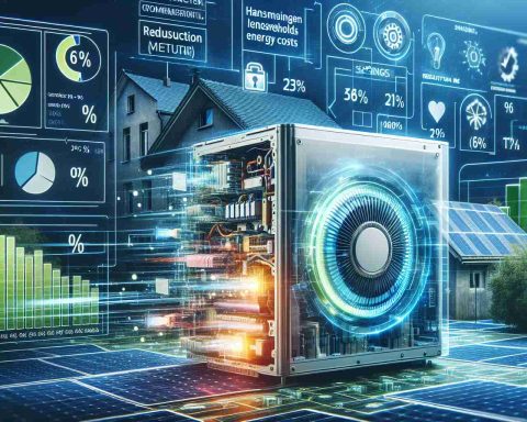 A vivid, high-definition image emphasizing the transformative power of a groundbreaking technology designed to greatly lessen household energy costs. The foreground showcases an innovative device, embedded with complex hi-tech components. Additional visual information highlights its functionality, from harnessing renewable resources to efficient electricity distribution. Infographics illustrate the potential savings, represented by reduction meter bars and percentage signs. The background subtly suggests a residential setting, symbolizing the everyday applications and widespread relevance of this cutting-edge home energy solution.