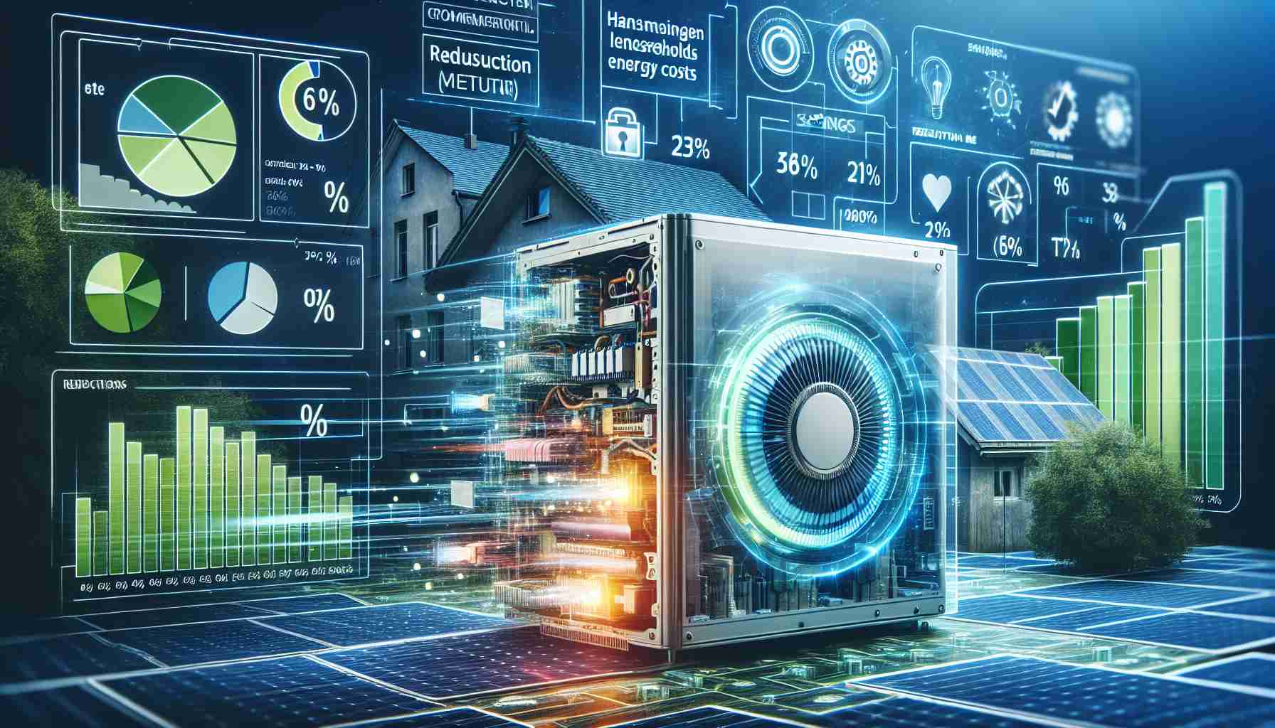 A vivid, high-definition image emphasizing the transformative power of a groundbreaking technology designed to greatly lessen household energy costs. The foreground showcases an innovative device, embedded with complex hi-tech components. Additional visual information highlights its functionality, from harnessing renewable resources to efficient electricity distribution. Infographics illustrate the potential savings, represented by reduction meter bars and percentage signs. The background subtly suggests a residential setting, symbolizing the everyday applications and widespread relevance of this cutting-edge home energy solution.