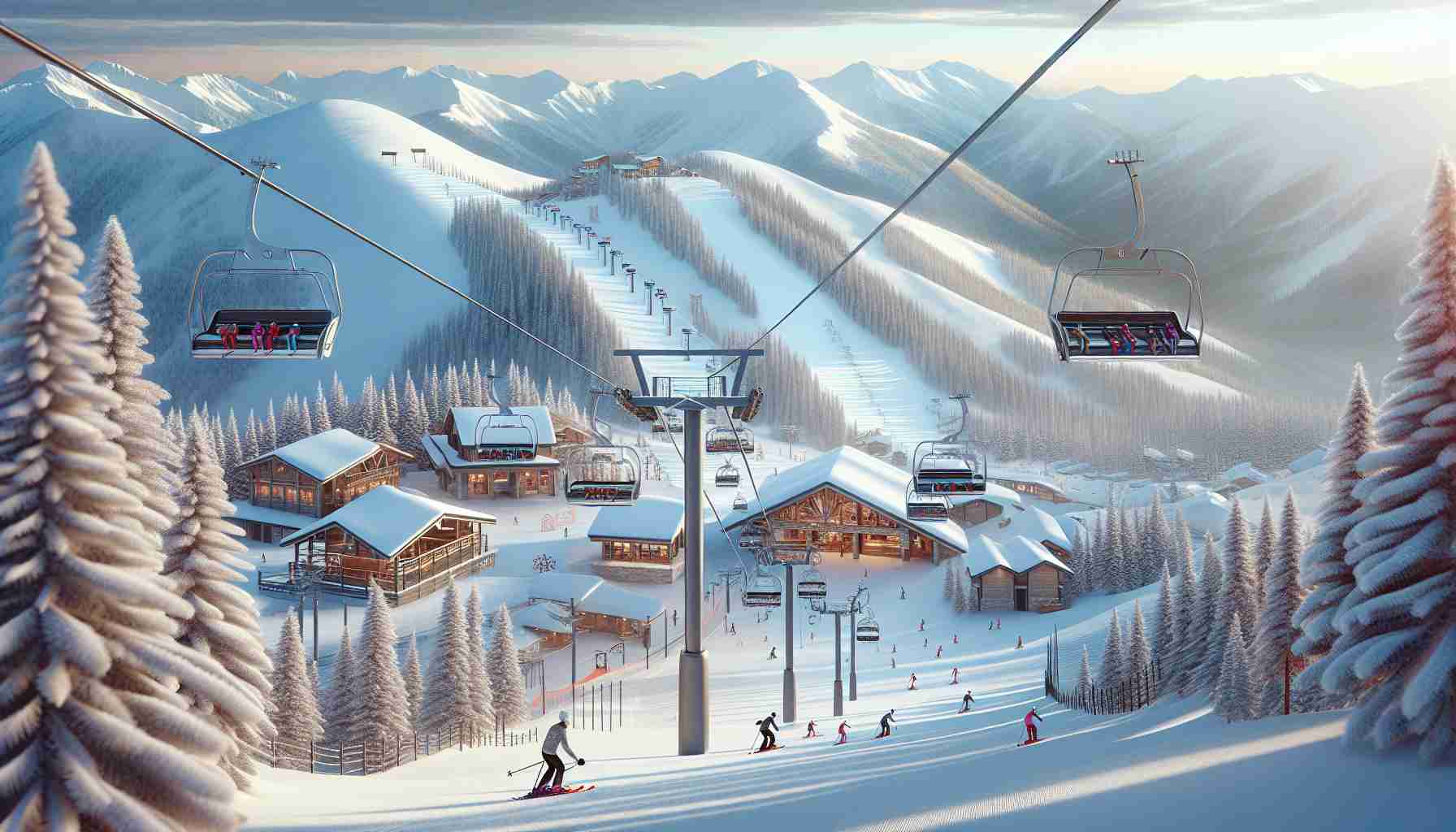 A high definition, realistic image of an upgraded ski resort designed to enhance the winter experience. The image should capture the freshly groomed ski slopes, new high-speed chairlifts soaring above, and state-of-the-art warming huts dotting the landscape. In the background, snow-capped mountains tower, shading the modern resort facilities. Envision skiers of variegated descents and genders enjoying the improved amenities, skiing down the lively slopes with their vibrant ski equipment. The scene is bathed in the soft glow of winter sunlight which reflects brilliantly off snow, creating intricate patterns on the landscape.