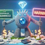 Create a realistic high-definition image representing the concept: 'Is This Undervalued Insurance Behemoth a Hidden Gem or a Warning Sign?'. The image could include a giant creature made up of insurance concepts like policy papers, calculators, and dollar signs, indicating the behemoth. There can be a bright shiny gem on one side, and a neon sign flashing 'Warning' on the other side, visually representing the query. Please ensure depiction is realistic and vivid.