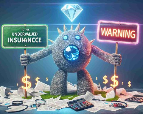 Create a realistic high-definition image representing the concept: 'Is This Undervalued Insurance Behemoth a Hidden Gem or a Warning Sign?'. The image could include a giant creature made up of insurance concepts like policy papers, calculators, and dollar signs, indicating the behemoth. There can be a bright shiny gem on one side, and a neon sign flashing 'Warning' on the other side, visually representing the query. Please ensure depiction is realistic and vivid.