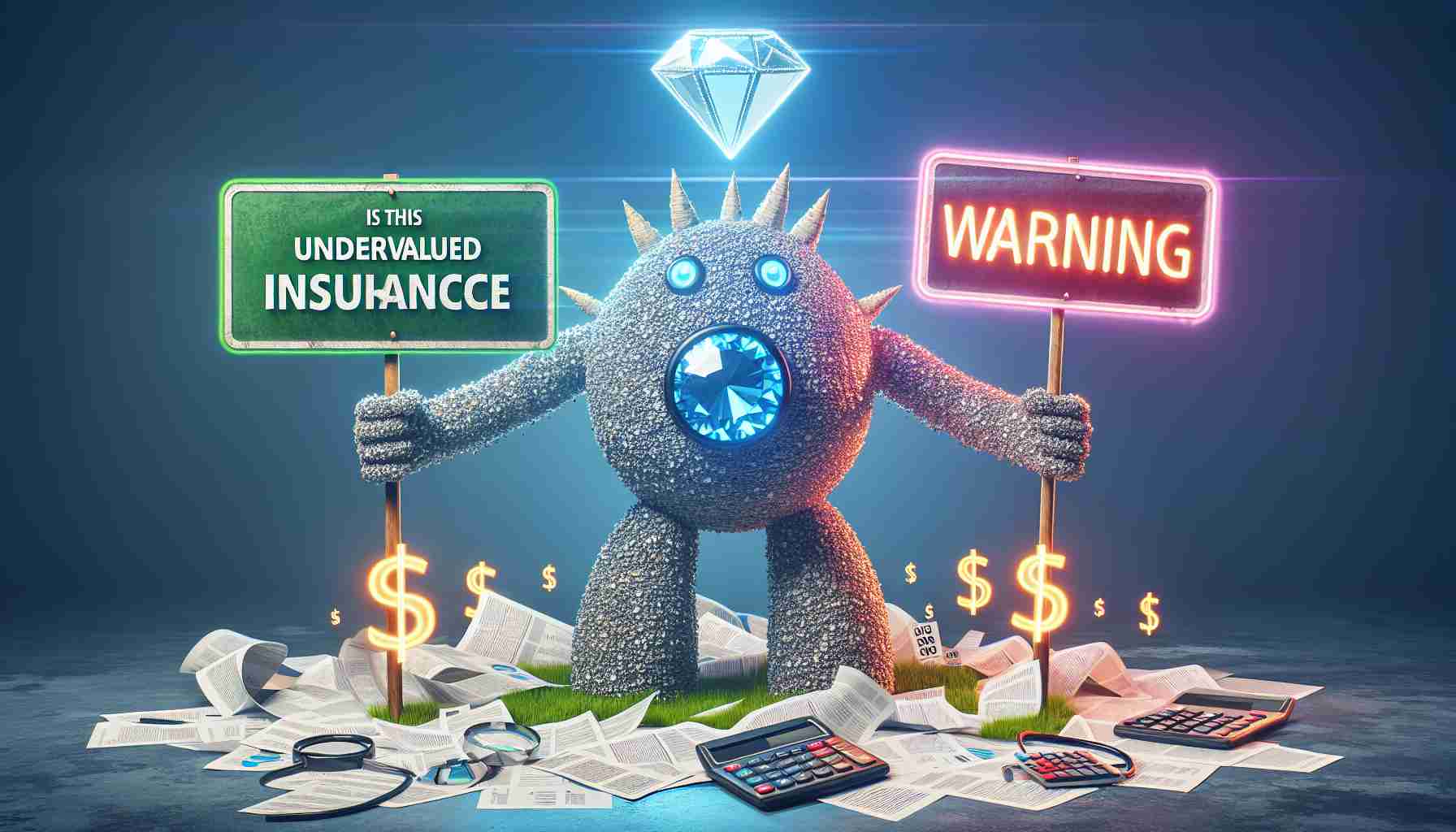 Create a realistic high-definition image representing the concept: 'Is This Undervalued Insurance Behemoth a Hidden Gem or a Warning Sign?'. The image could include a giant creature made up of insurance concepts like policy papers, calculators, and dollar signs, indicating the behemoth. There can be a bright shiny gem on one side, and a neon sign flashing 'Warning' on the other side, visually representing the query. Please ensure depiction is realistic and vivid.