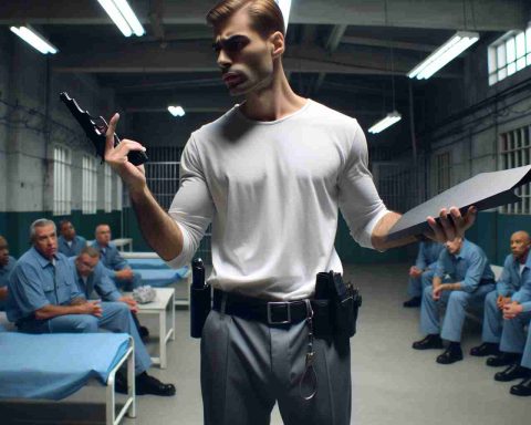 A high definition, realistic portrayal of surprising conduct exhibited by a previous employee of a correctional facility. The scene may include an emphasis on the environment of the facility, the individual's clothing indicating their role, and their unexpected action that is capturing everyone's attention.