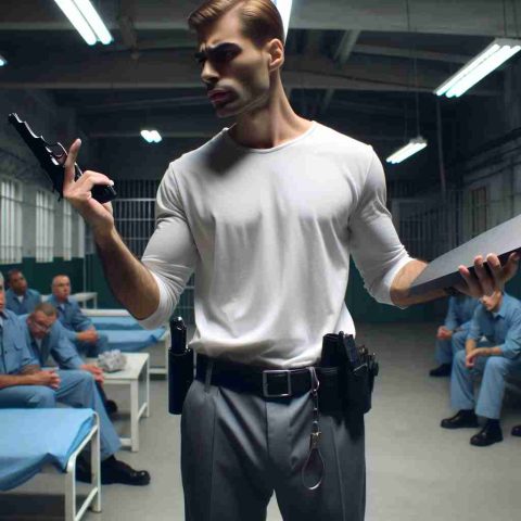 A high definition, realistic portrayal of surprising conduct exhibited by a previous employee of a correctional facility. The scene may include an emphasis on the environment of the facility, the individual's clothing indicating their role, and their unexpected action that is capturing everyone's attention.