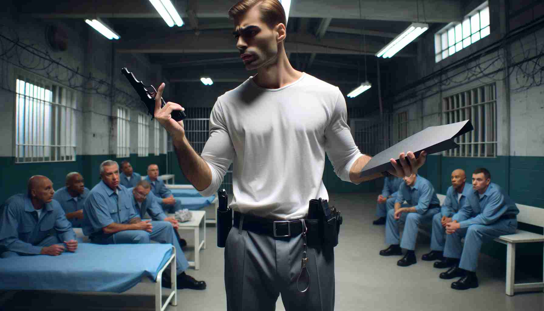 A high definition, realistic portrayal of surprising conduct exhibited by a previous employee of a correctional facility. The scene may include an emphasis on the environment of the facility, the individual's clothing indicating their role, and their unexpected action that is capturing everyone's attention.