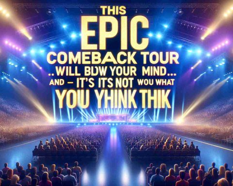 High-definition realistic image showcasing a vivid and exhilarating comeback tour poster. The headline reads 'This Epic Comeback Tour Will Blow Your Mind—And It's Not What You Think'. The poster should include a grand stage with vibrant lights, filled audience seats, and the electrifying atmosphere of anticipation for the unexpected.