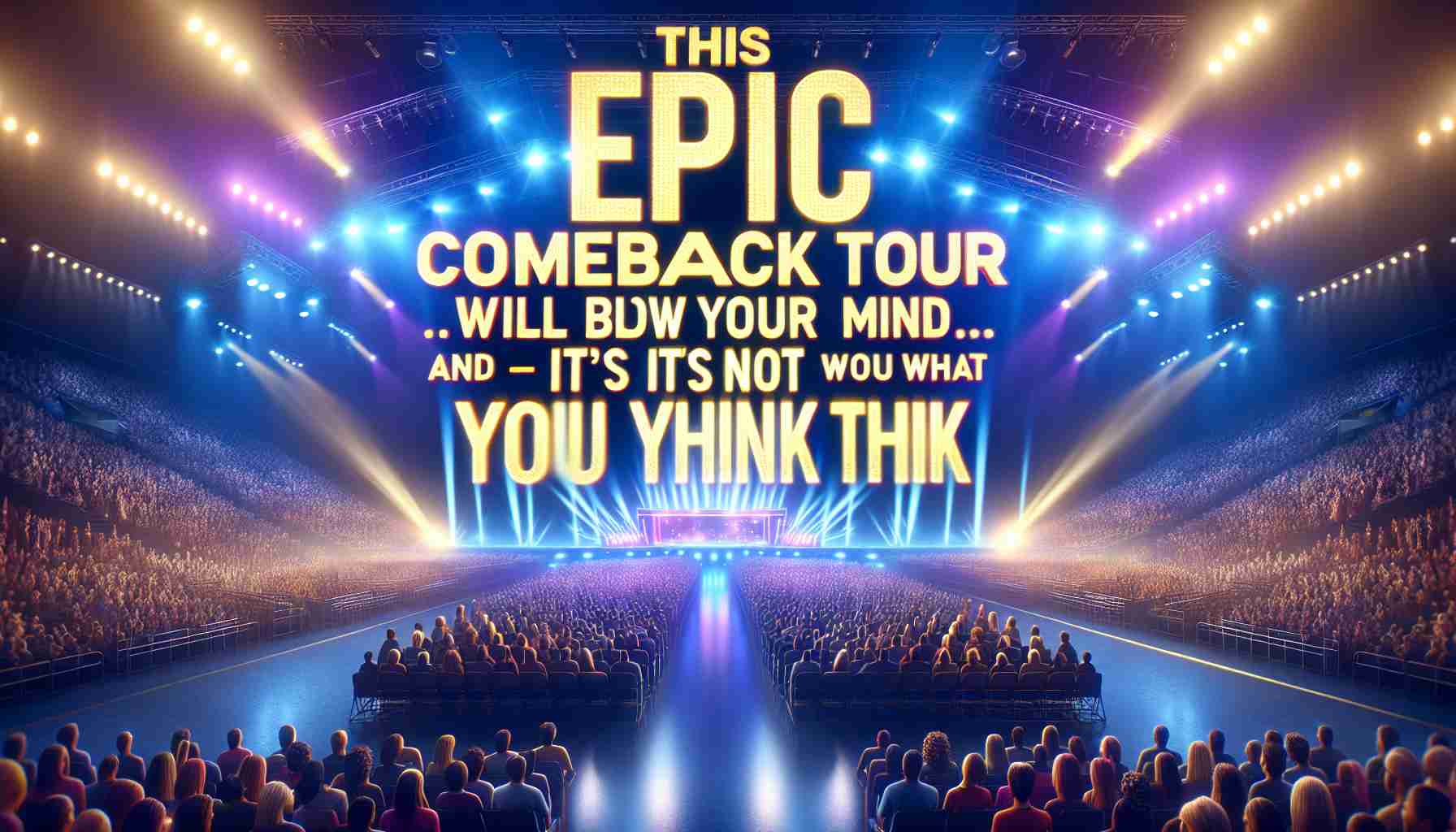 High-definition realistic image showcasing a vivid and exhilarating comeback tour poster. The headline reads 'This Epic Comeback Tour Will Blow Your Mind—And It's Not What You Think'. The poster should include a grand stage with vibrant lights, filled audience seats, and the electrifying atmosphere of anticipation for the unexpected.