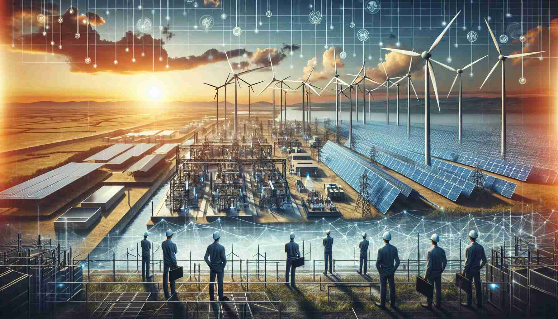 Generate a realistic HD image depicting the revolutionary interconnection of clean energy resources. This should consist of interconnected grids showing solar power plants, wind turbines, and hydropower facilities. The scene can further include engineers of mixed genders and various descents monitoring the operations for effective and efficient energy distribution.