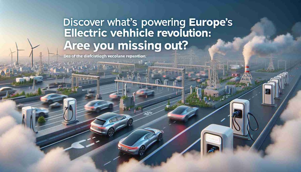 Realistic high-definition image of symbolic representation of Europe's Electric Vehicle Revolution. The scene may show electric cars on a highway, charging stations, or innovative technologies associated with electric vehicles. The phrase 'Discover What's Powering Europe's Electric Vehicle Revolution: Are You Missing Out?' appears prominently, suggesting an important transition and growth in the sector.