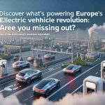 Realistic high-definition image of symbolic representation of Europe's Electric Vehicle Revolution. The scene may show electric cars on a highway, charging stations, or innovative technologies associated with electric vehicles. The phrase 'Discover What's Powering Europe's Electric Vehicle Revolution: Are You Missing Out?' appears prominently, suggesting an important transition and growth in the sector.