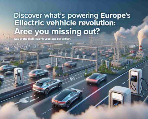 Realistic high-definition image of symbolic representation of Europe's Electric Vehicle Revolution. The scene may show electric cars on a highway, charging stations, or innovative technologies associated with electric vehicles. The phrase 'Discover What's Powering Europe's Electric Vehicle Revolution: Are You Missing Out?' appears prominently, suggesting an important transition and growth in the sector.