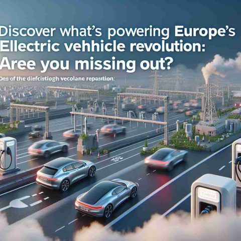 Realistic high-definition image of symbolic representation of Europe's Electric Vehicle Revolution. The scene may show electric cars on a highway, charging stations, or innovative technologies associated with electric vehicles. The phrase 'Discover What's Powering Europe's Electric Vehicle Revolution: Are You Missing Out?' appears prominently, suggesting an important transition and growth in the sector.