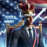 A realistic, high-definition image of a conceptual representation of the confidence of U.S. companies in their position in the global stock market. This could include a crown labeled 'Stock Market', a confident business professional symbolizing the U.S companies, and a graph showing the persistent ascend indicating stable market performance, all against the backdrop of an American flag.