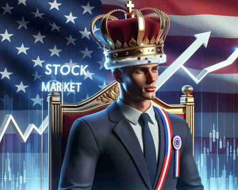 A realistic, high-definition image of a conceptual representation of the confidence of U.S. companies in their position in the global stock market. This could include a crown labeled 'Stock Market', a confident business professional symbolizing the U.S companies, and a graph showing the persistent ascend indicating stable market performance, all against the backdrop of an American flag.