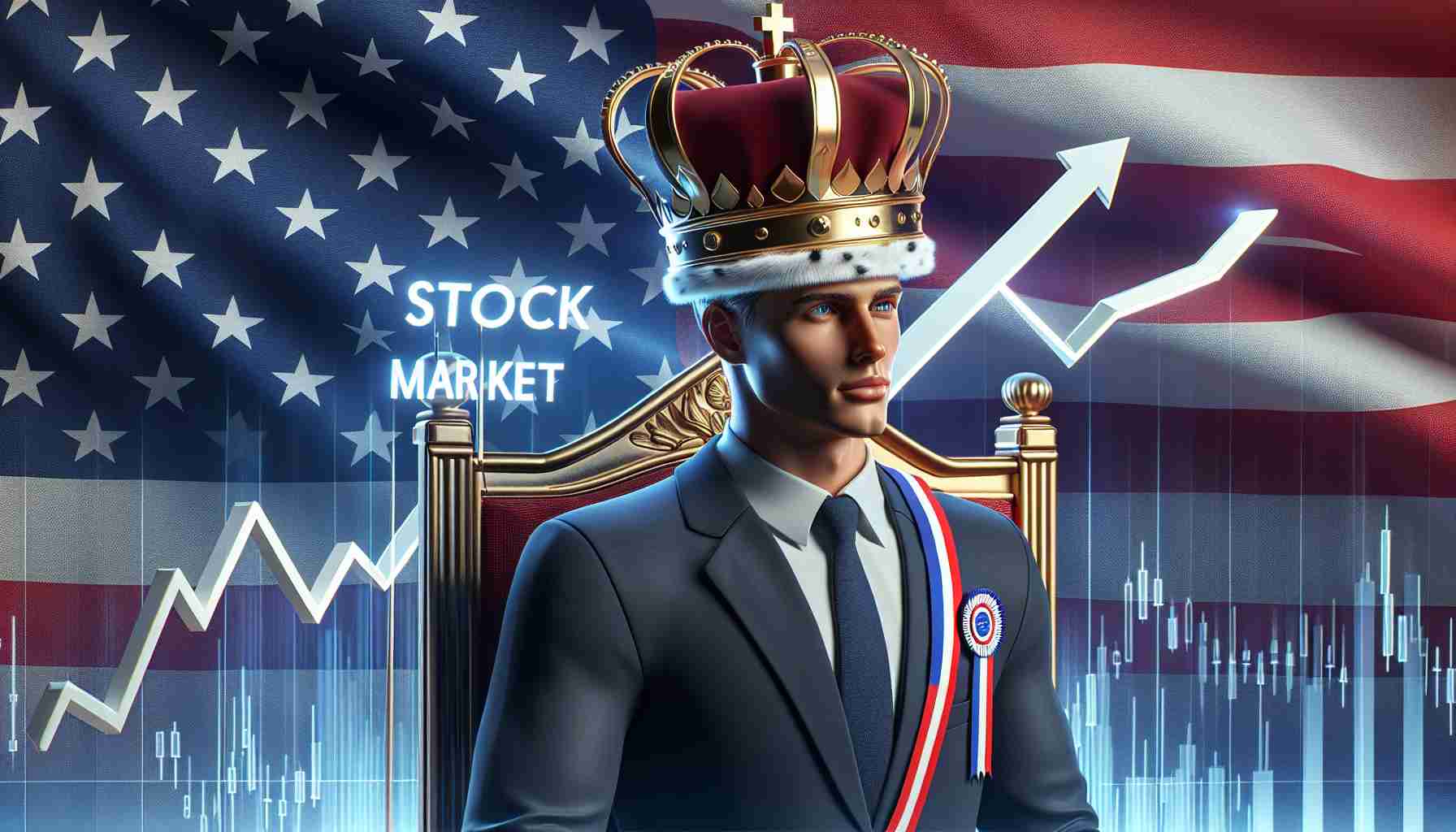 A realistic, high-definition image of a conceptual representation of the confidence of U.S. companies in their position in the global stock market. This could include a crown labeled 'Stock Market', a confident business professional symbolizing the U.S companies, and a graph showing the persistent ascend indicating stable market performance, all against the backdrop of an American flag.